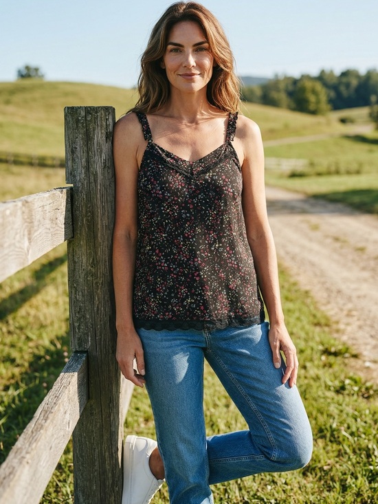 Decree Tops - Decree Black Floral Lace Trim Tank Cami Boho Lightweight Medium